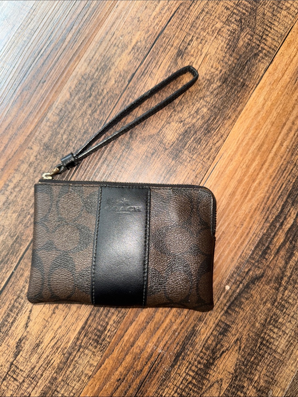 Coach Brown and Black Signature Canvas Wristlet with Leather Stripe